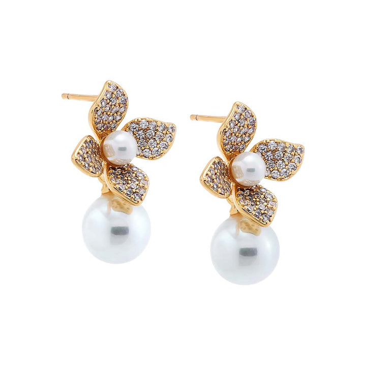 Four Leaf Dangling Flower Pearl Stud Earring