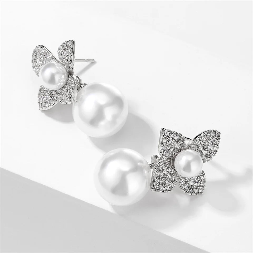 Four Leaf Dangling Flower Pearl Stud Earring
