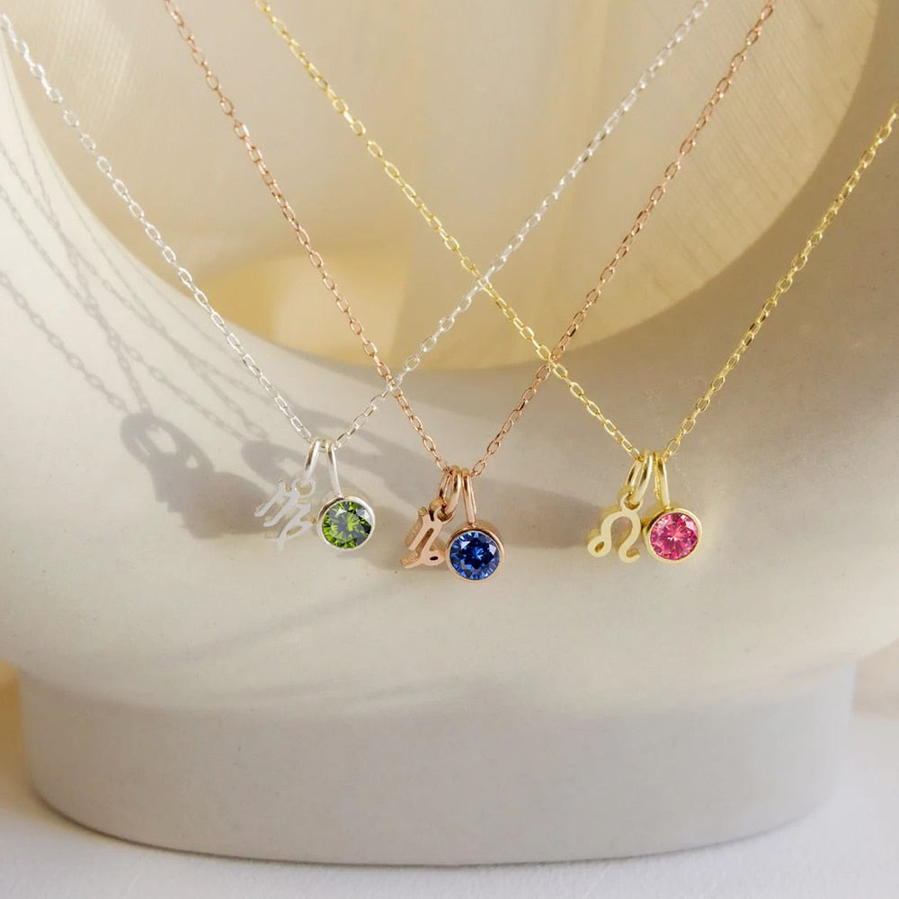 Birthstone Zodiac Double Pendant Necklace - Wrenlee