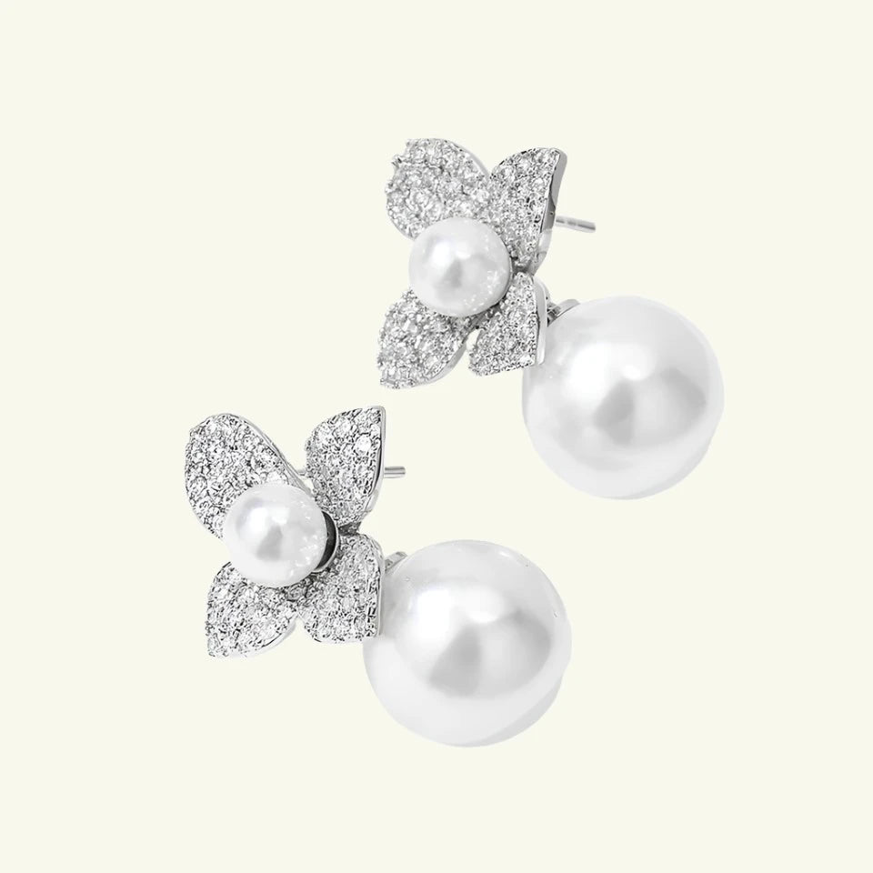 Four Leaf Dangling Flower Pearl Stud Earring