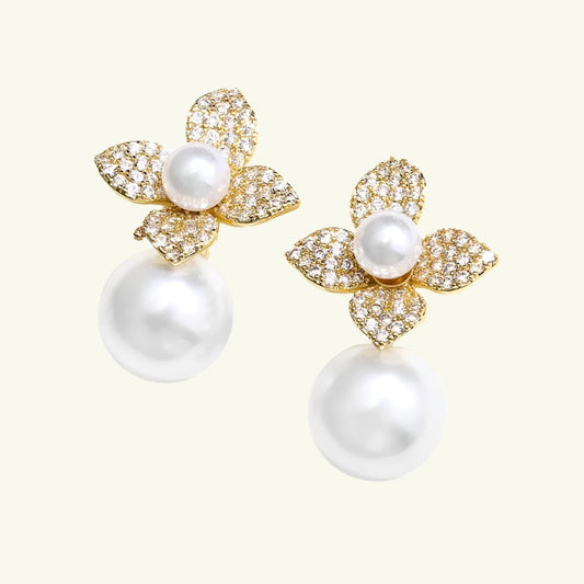 Four Leaf Dangling Flower Pearl Stud Earring