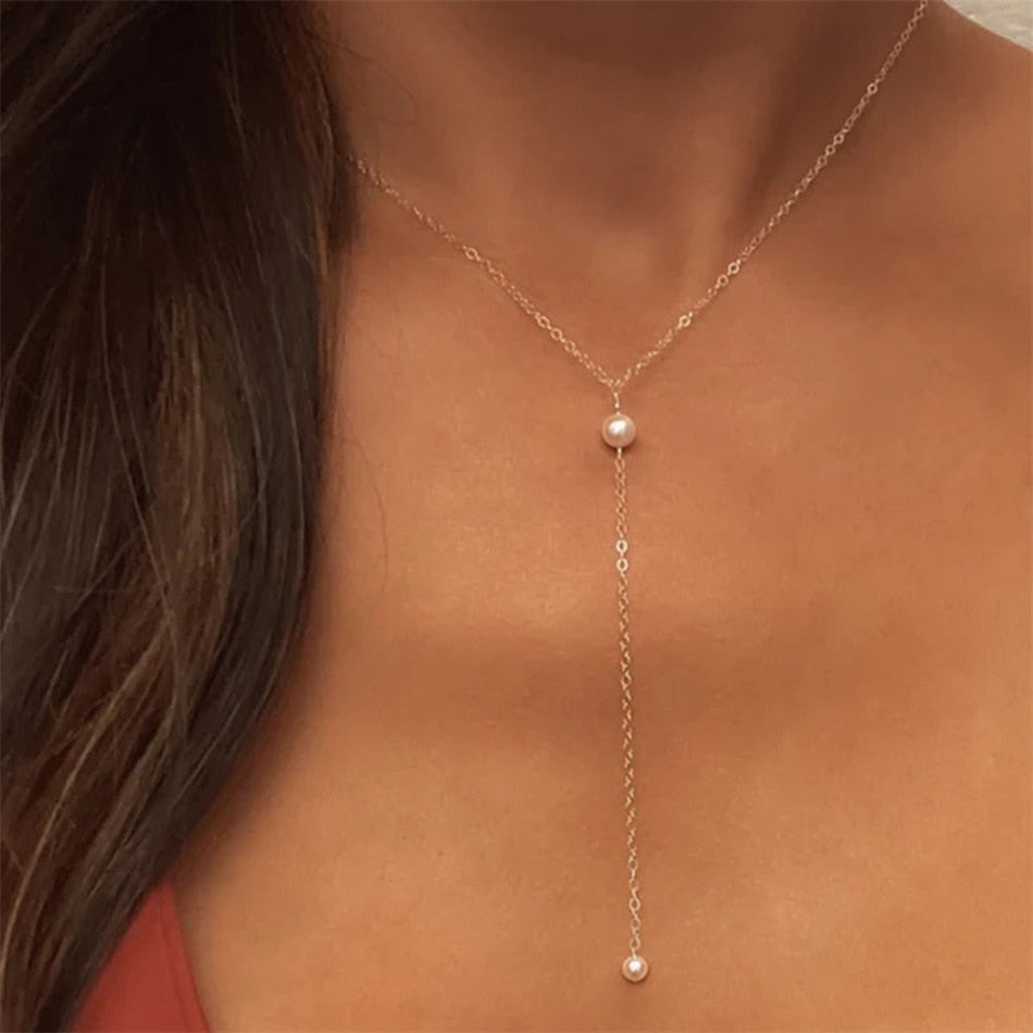 Y Chain Pearl Drop Necklace - Wrenlee