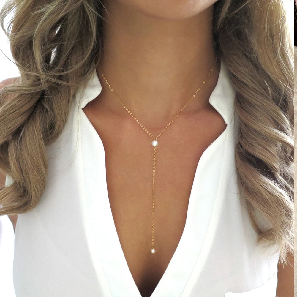 Y Chain Pearl Drop Necklace - Wrenlee