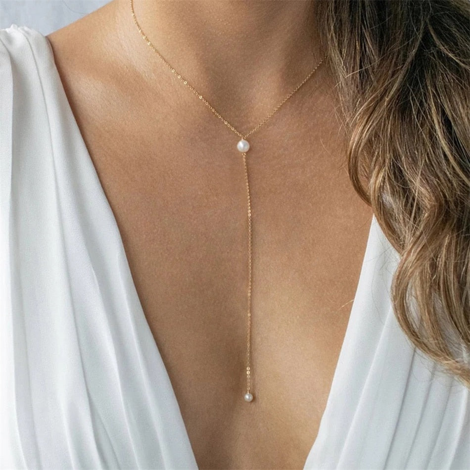 Y Chain Pearl Drop Necklace - Wrenlee